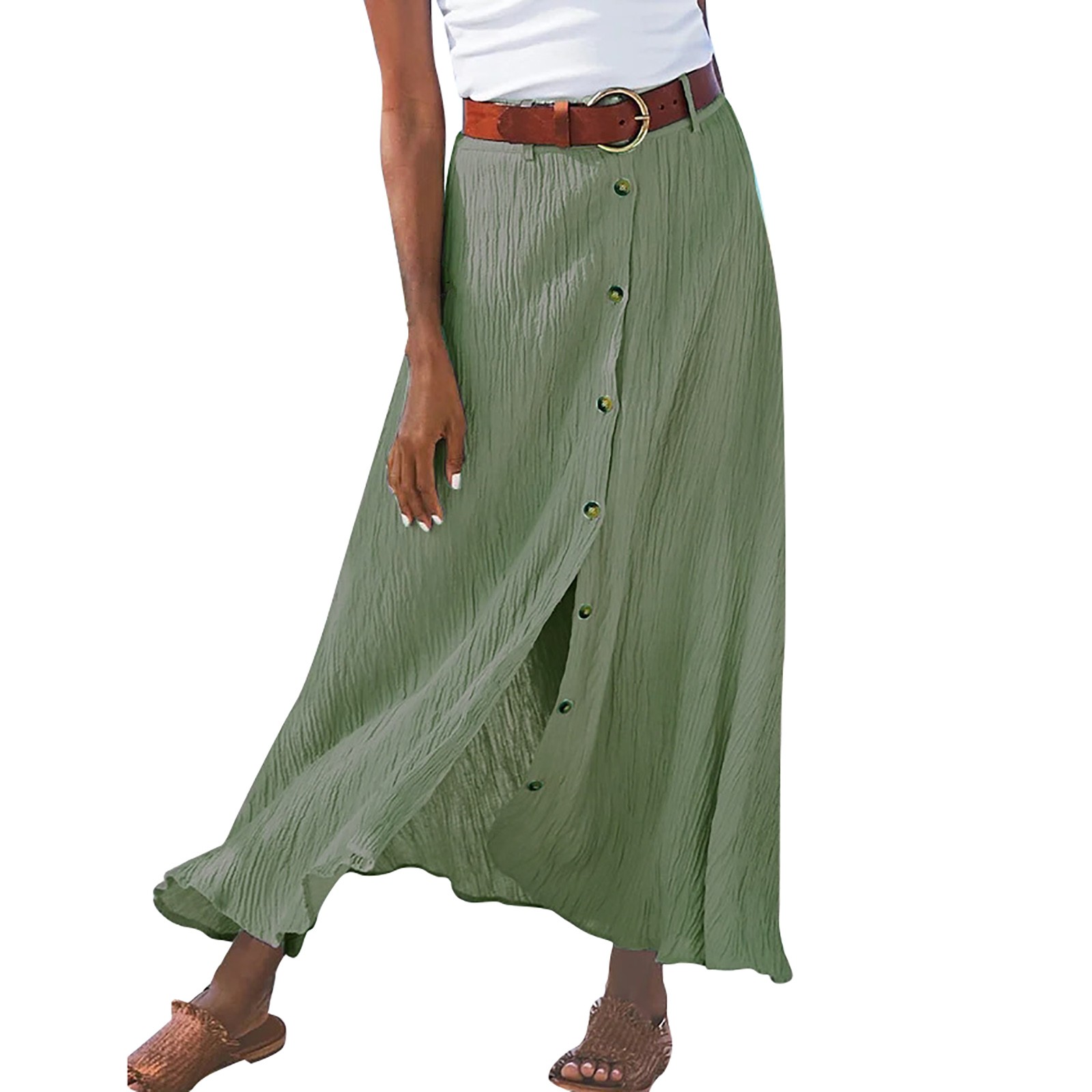 thumbnail image 2 of Vestido con abertura de algodón y lino para mujer: cintura media, largo medio, color liso, adecuado para verano/otoño, tallas S-XXL (cintura/cadera/longitud), 2 of 5